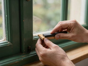 Hands carefully sanding an old timber window frame, traditional craftsmanship, soft overcast UK daylight, macro shot.