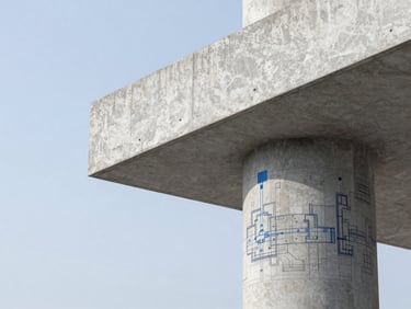 Close-up of an architectural blueprint overlaying a concrete structural column, technical daylight, sharp focus