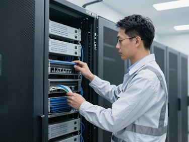 Technician in branded safety gear inspecting clean server racks with structured cabling, cool daylight