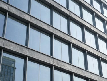 Modern building facade with clean glass and steel structures, bright cool daylight, sharp focus