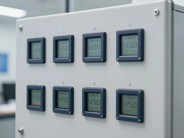 Close-up of a technical control panel with digital readouts, clean modern industrial setting, sharp focus