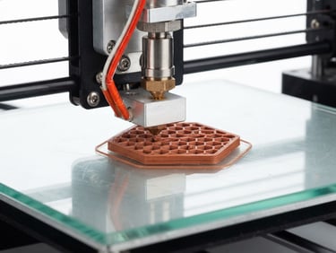 Sharp macro studio shot of a 3D printer nozzle depositing precise terracotta PLA layers on a clean glass bed, high-key lighting, technical details visible.
