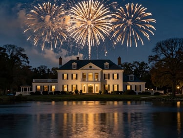 Cinematic wide-angle shot of a historic Connecticut estate at twilight, illuminated by golden fireworks reflecting on a lake, rich ambient light, shallow depth of field.