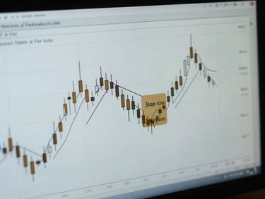 Close-up of a complex candlestick chart with technical annotations, low ambient light, cool monitor glow, showing a precise stop-loss level marked in muted amber.