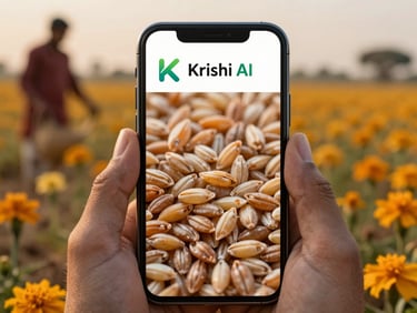 Macro shot of various grains with subtle defects highlighted by a digital overlay from Krishi AI app on a smartphone screen, against a backdrop of a farmer's field.