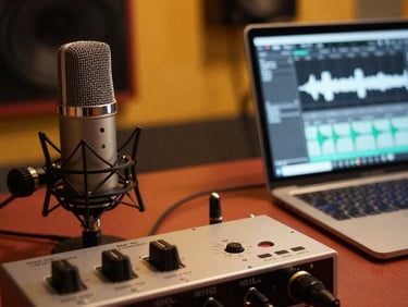 Close-up of a microphone and audio interface in a home studio, with a tablet displaying waveform editing for voice cloning.