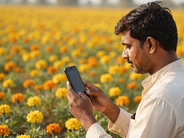 Indian farmer in a field, holding a smartphone, taking a close-up photo of grains for quality inspection. Warm, natural sunlight.