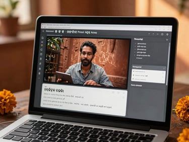 A laptop screen displaying a generative AI video studio interface with text inputs in Odia script, showing a creator actively working.