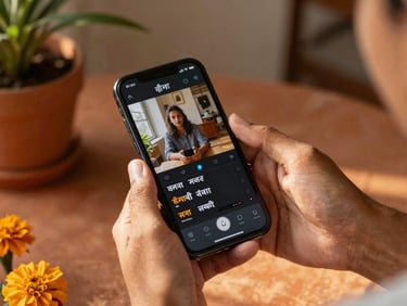 Close-up of hands holding a smartphone displaying a video editing app with Hindi text overlays, in a home studio with warm natural light.