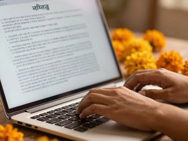 Close-up of hands typing on a laptop with legal documents in the background, displaying simplified legal text in a regional Indian language. Soft studio light.