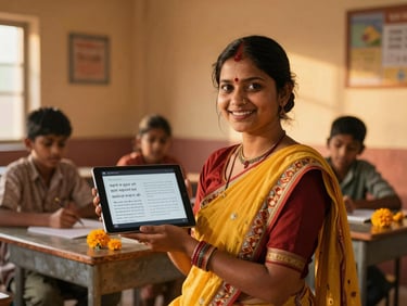Rural Indian teacher in a bright classroom, smiling, holding a tablet displaying educational content in a regional language, with students in the background. Golden-hour light.