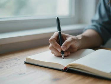 Close-up of hands writing in a paper journal on a wooden desk near a window, soft natural daylight, shallow depth of field, 35mm