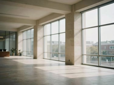 Wide panoramic view of a quiet, sunlit modern corporate office with stone and glass architectural details, soft diffused natural window light, warm editorial photography style, shallow depth of field