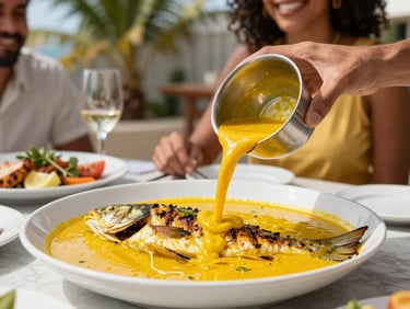 A cinematic wide shot of Ana pouring bright yellow tucupi broth over a beautifully seared river-fish for guests at a sunny outdoor table, shallow depth of field