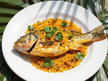 Overhead editorial shot of a vibrant plated river fish with golden cassava crumbs and bright tropical herbs, sharp focus, sunny daylight, palm leaf shadows