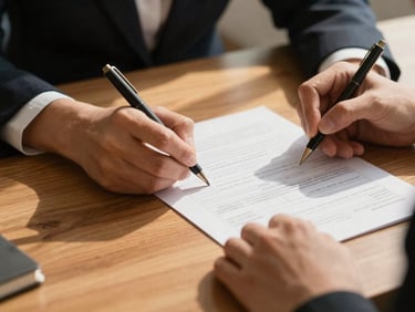 Close-up of hands filling out an application form on a polished wooden desk, soft natural daylight, professional tone.