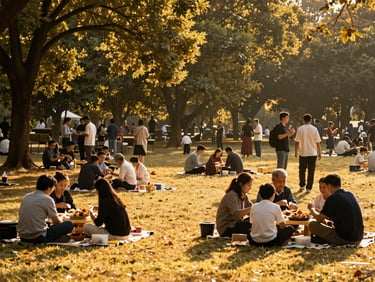 Wide shot of a lively community picnic in a park, families enjoying traditional food, warm golden sunlight filtering through trees.