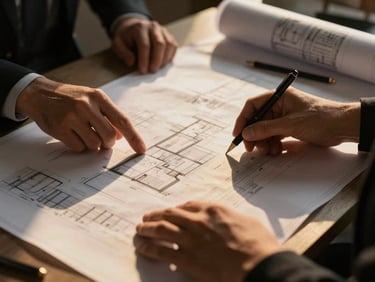 Close-up of hands reviewing architectural blueprints on a desk, golden hour lighting, professional regional workspace, 35mm lens, deep shadows.