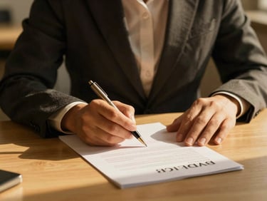Professional business attire, hands holding a pen over a contract, high-contrast warm golden lighting, professional regional workspace, 35mm lens.