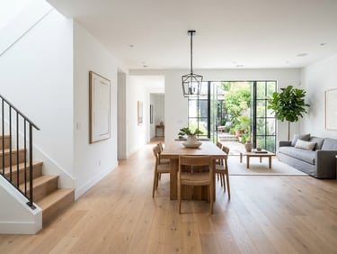 Crisp architectural photography of a freshly renovated home interior with clean paint lines and hardwood flooring, bright natural daylight, sharp focus, 35mm lens