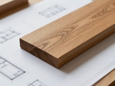 Macro shot of natural oak wood grain and a clean blueprint layout on a workshop table, soft natural daylight, realistic shadows