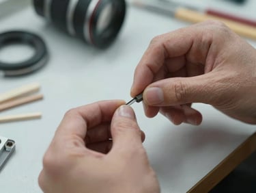 Close-up of hands working on a physical prototype, raw materials, focused depth of field