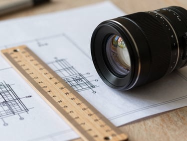Macro shot of physical blueprints and a wooden ruler on a clean desk, soft natural light