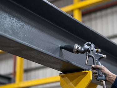 Macro shot of a heavy-duty industrial airless spray gun applying a flawless uniform charcoal grey protective coating onto a massive structural steel beam, high-contrast dramatic lighting, safety yellow accents, industrial documentary photography style.