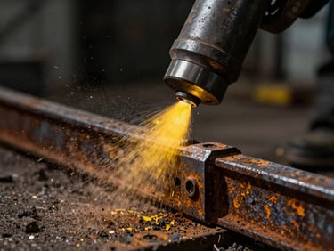 Close-up of an industrial sandblasting nozzle blasting a rusty steel joint to SA 2.5 cleanliness, intense grit and dust particles captured in mid-air, dramatic warehouse lighting, high-contrast shadows.