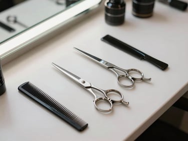 Overhead shot of a salon workstation, scissors and comb arranged on a clean white counter, soft natural light from a window to the left