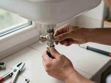 Close-up of a plumber's hands tightening a pipe joint under a sink, natural daylight from a nearby window, tools on a tiled floor beside them