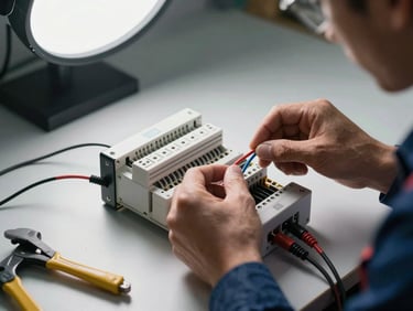Close-up of an electrician's hands wiring a panel board, clean studio light from above, tools and wire offcuts on a workbench beside them