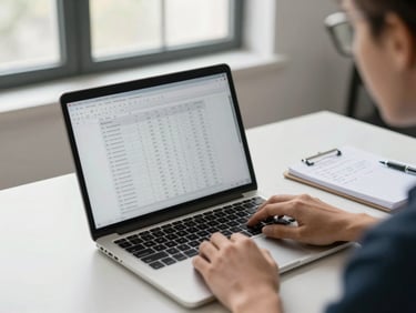 Environmental wide shot of a consultant's clean desk with a laptop showing a spreadsheet, natural light from a window, a notepad with handwritten figures visible to the right
