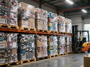 Interior warehouse shot showing organized pallets of mixed goods wrapped in stretch film, barcode labels visible, overhead industrial lighting, forklift partially visible in aisle
