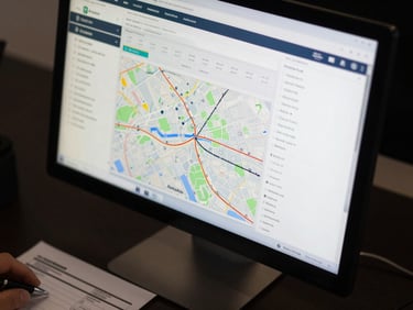 Close-up overhead view of a computer monitor screen displaying a live shipment tracking dashboard with route map, status milestones, and timestamp columns, screen glow reflecting on dark desk surface, a hand holding a pen near a printed shipping document in the lower frame corner, practical office lighting