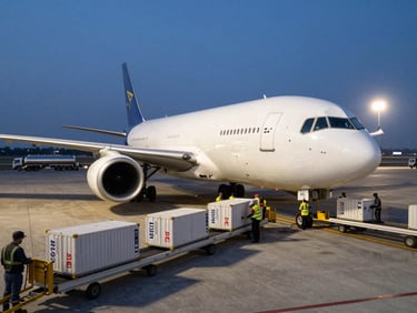 Wide shot of cargo aircraft on tarmac at dusk, ground crew loading freight containers via conveyor belt under bright apron floodlights, fuel trucks visible in background