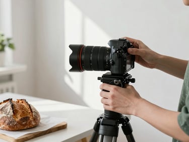 Behind-the-scenes agency work, close-up of hands arranging a professional camera on a tripod over a table with rustic sourdough bread, natural morning light, clean workspace.