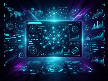 Sleek dark-mode digital art showing a high-fidelity UI/UX mockup on a glowing cyan screen, dramatic neon backlighting, sharp geometric nodes.