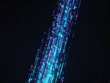 Abstract fluid simulation of glowing digital particles flowing upwards, high-contrast neon backlighting, deep shadows, cinematic 3d render