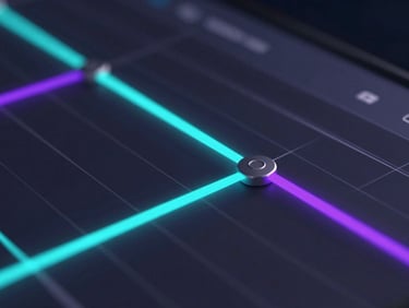 Extreme close-up of a node-based video editing interface, glowing cyan and violet connection lines, sleek dark-mode UI, 3d render