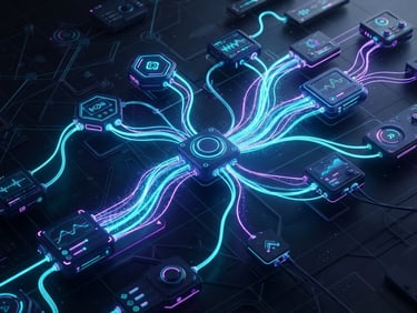 Sleek dark-mode digital art showing close-up node-based editing interface with glowing cyan and violet connection lines, high-tech motion graphics style, 3d render
