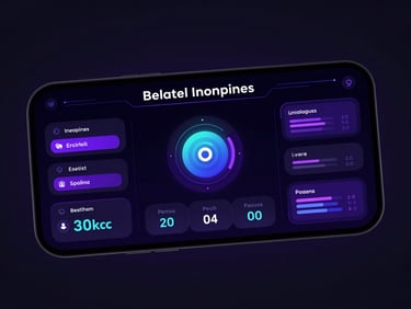 High-fidelity UI/UX mockup of a futuristic mobile dashboard on a dark obsidian background, vibrant neon purple accents, crisp typography