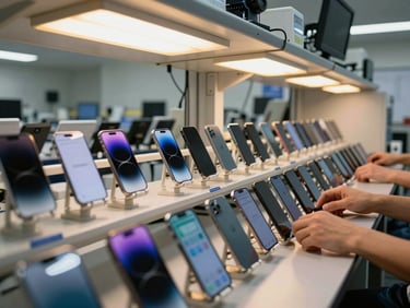 Wide environmental shot of a mobile device lab, rows of enterprise smartphones and tablets mounted on charging racks under warm tungsten ceiling lights, hands visible mid-rack adjusting a device, institutional context clear