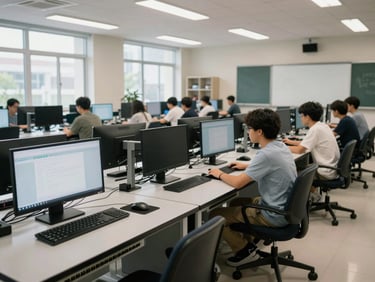 Wide environmental shot of a school computer lab, rows of student workstations with network switches visible in an open rack at the room's edge, practical fluorescent and daylight mix, no students present