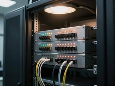 Close environmental shot of a rack-mounted video conferencing codec and patch panel in a server room, indicator lights active, cables dressed neatly, tungsten ceiling lamp casting warm light on steel enclosures, institutional context visible in the background