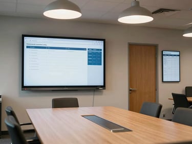 Environmental wide shot of a corporate meeting room with a large wall-mounted display showing a presentation, scheduling panel mounted beside the door, tungsten pendant lights overhead, table and chairs in context