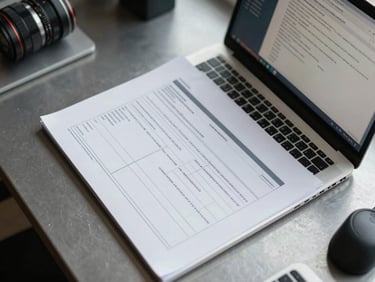 Close overhead technical documentation shot of a software asset inventory printout beside a laptop displaying a license dashboard, on a steel-grey desk under north-facing daylight, keyboard partially visible for context