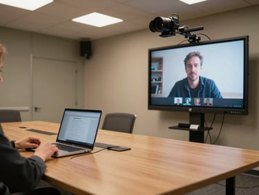 Wide institutional meeting room with a video conferencing camera bar mounted on a large display, laptop open at the table showing a remote participant, warm practical room lighting, cable management visible for authenticity