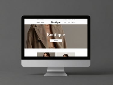 A high-fidelity minimalist device mockup of a modern boutique website displayed on a sleek desktop monitor, soft studio lighting, clean charcoal background, realistic shadows.
