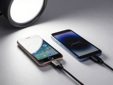 Two smartphones side by side on a white surface, one old and one new, connected by a visible cable, bright studio overhead lighting, data transfer in progress implied by screen glow